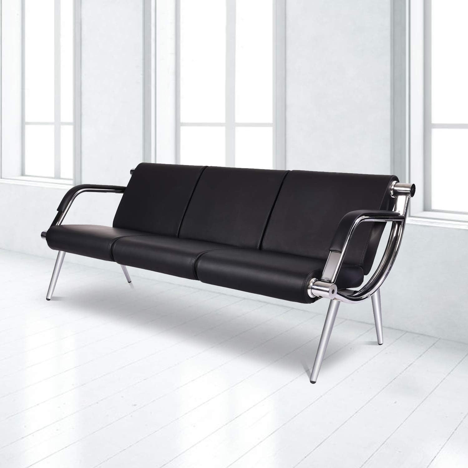 Kinfant Waiting Room Chair- Office Reception Furniture with Armrest and PU Leather Cushion, Office Guest Chair for Waiting Room Airport Hospital Bank Lobby, Black (Black, 3-seat)