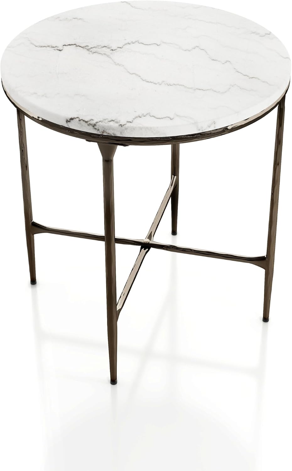 24/7 Shop at Home Aureum Modern 22-inch Round Marble Top End Table with X-Brace, Hammered Dark Bronze Metal Frame for Living Room, Office, White