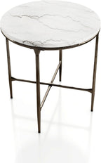 24/7 Shop at Home Aureum Modern 22-inch Round Marble Top End Table with X-Brace, Hammered Dark Bronze Metal Frame for Living Room, Office, White