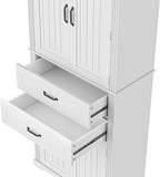 73 Inch Bathroom Storage Cabinet with Door Shelves, White | White MDF, bathroom kitchen or dining room, door shelves, adjustable shelf, lower compartments, anti-tip devices, 72.5 in H