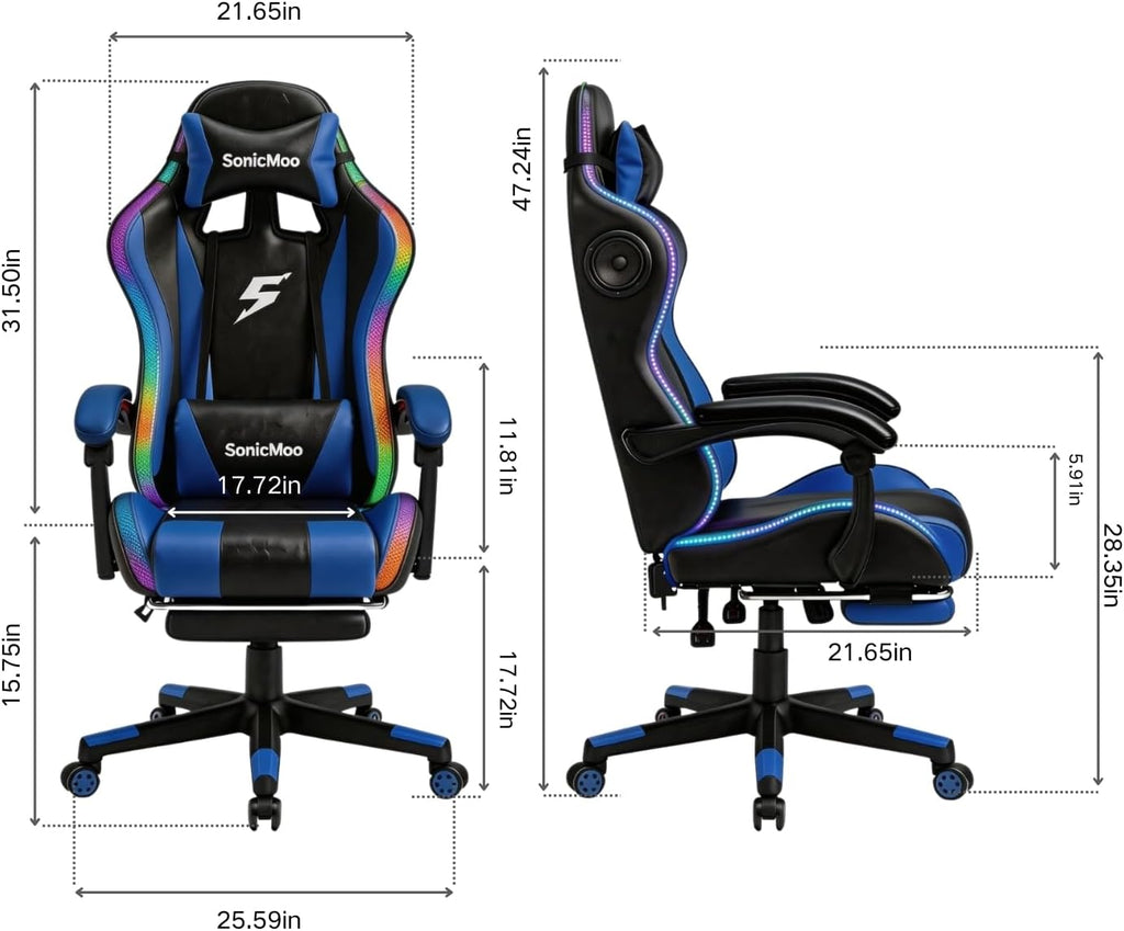 Gaming Chair with RGB LED Lights, Footrest, Lumbar Support & Headrest - High Back Reclining Swivel Computer Chair with Canopy (Blue)