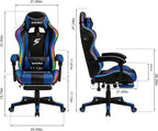 Gaming Chair with RGB LED Lights, Footrest, Lumbar Support & Headrest - High Back Reclining Swivel Computer Chair with Canopy (Blue)