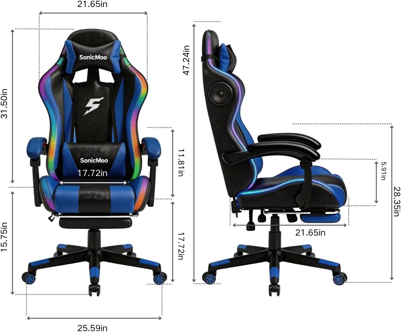 Gaming Chair with RGB LED Lights, Footrest, Lumbar Support & Headrest - High Back Reclining Swivel Computer Chair with Canopy (Blue)