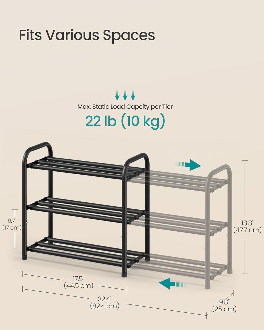 SONGMICS Expandable Shoe Rack, Adjustable Shoe Organizer Storage Shelf, Sturdy and Heavy-Duty, for Closet, Entryway, Living Room, 3-Tier, Ink Black ULMR036BD01