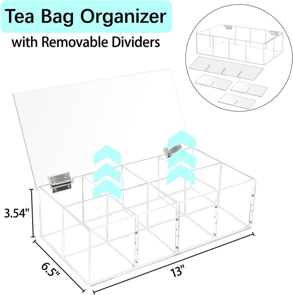Tea Bag Organizer, Acrylic Tea Bag Holder, Clear Tea Packet Storage Box with Lid, Home Decor