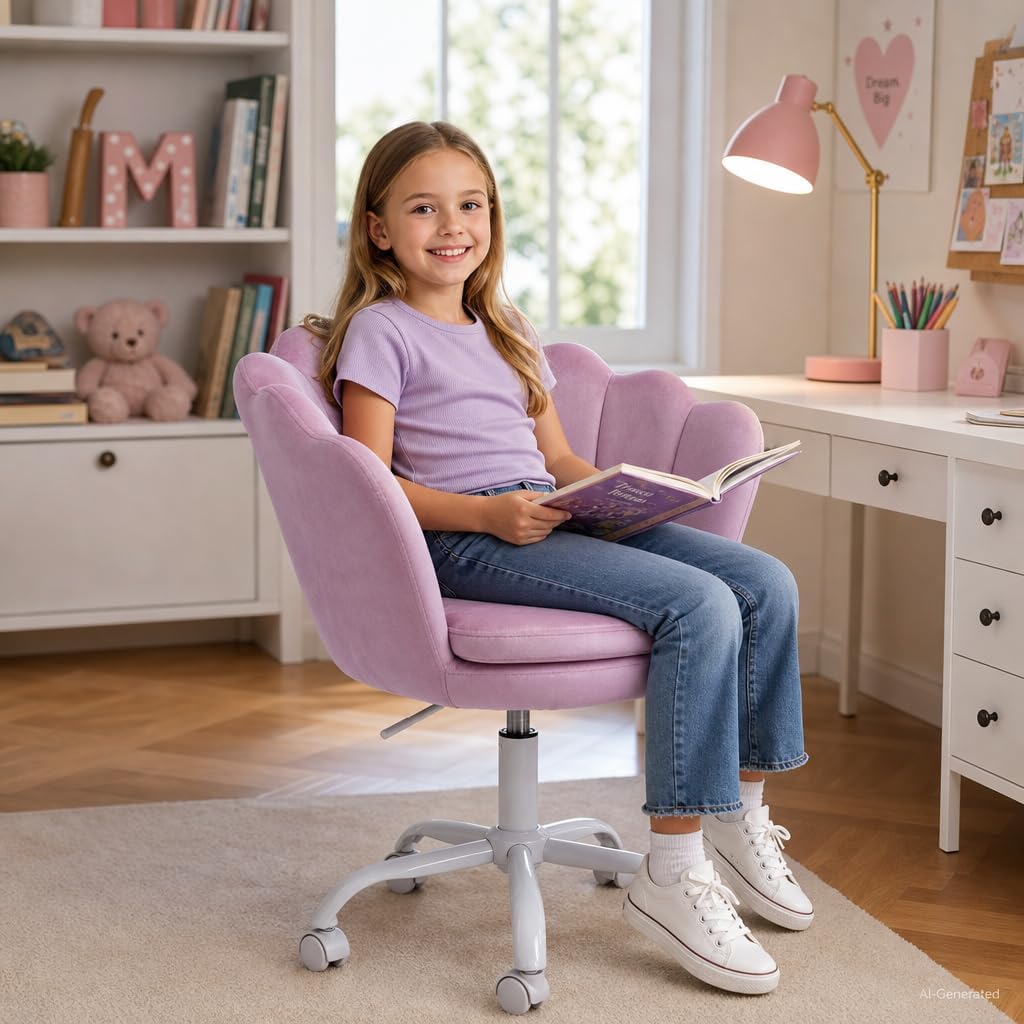 Cute Kids Desk Chair, Velvet Adjustable Ergonomic Chair for Students, Modern Upholstered Swivel Rolling Vanity Chair Child Computer Chair for Girls Bedroom/Study Room/Make Up, Light Purple