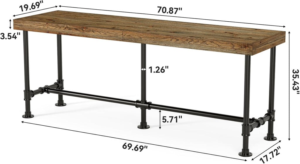 70.9-Inch Long Solid Wood Bar Table for 6-8 People, Industrial Narrow Counter Height Pub Table with Metal Footrest, Rectangular High Top Bar Unit for Kitchen Dining, Rustic Brown(Table Only)