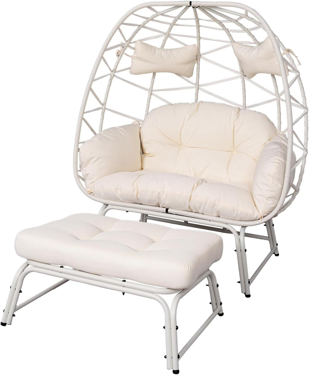 Double Wicker Egg Chair with Ottoman Oversized 2 Person Egg Basket Lounge Chair with Cushion & Footrest, Indoor Outdoor Boho Style Double Egg Chair for Patio Balcony Living Room, White-White
