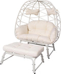 Double Wicker Egg Chair with Ottoman Oversized 2 Person Egg Basket Lounge Chair with Cushion & Footrest, Indoor Outdoor Boho Style Double Egg Chair for Patio Balcony Living Room, White-White