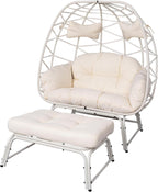 Double Wicker Egg Chair with Ottoman Oversized 2 Person Egg Basket Lounge Chair with Cushion & Footrest, Indoor Outdoor Boho Style Double Egg Chair for Patio Balcony Living Room, White-White