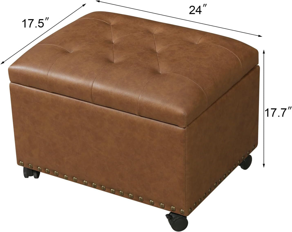 Leather Storage Ottoman,24’’Foot Rest Ottomans with Wheels and Hinged Lid Rectangle Upholstered Foot Stools Nailhead Trim for Living Room Bedroom,Vintage Golden Brown
