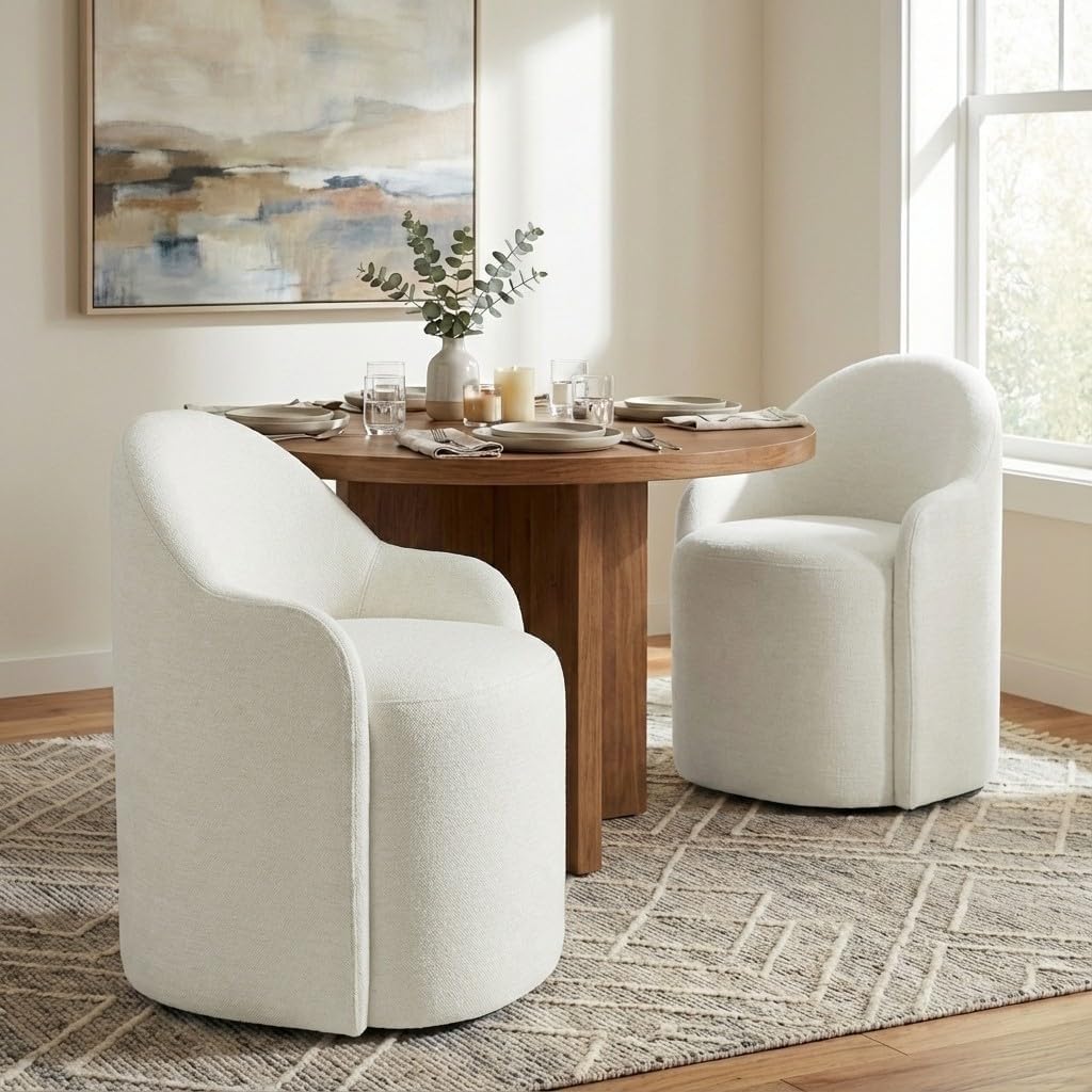 KISLOT Upholstered Dining Chairs with Casters, No Assembly Modern Dining Room Chairs Accent Vanity Chair with 5 Wheels & Round Backrest for Bedroom, Living Room, Dressing, Linen Fabric, Set of 4
