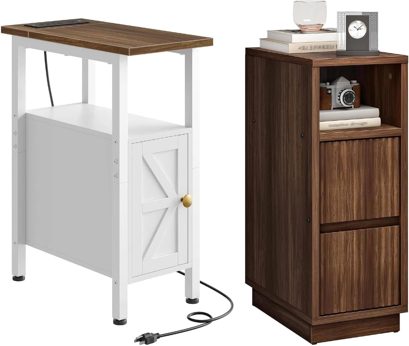 CHOEZON Farmhouse End Table and Narrow Fluted Nightstand with Drawers Bundle, Narrow Side Table for Small Spaces, Slim Nightstand with Charging Station for Living Room, Bedroom TBZ08UWL-MBZ12HT