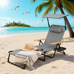 Folding Lounge Chair with Adjustable Canopy, Portable Sun Lounger with 4-Position Reclining Back, Outdoor Chaise Lounge with Arms, Tanning Chair for Beach Poolside Backyard Camping, 440LBS (Gray B)