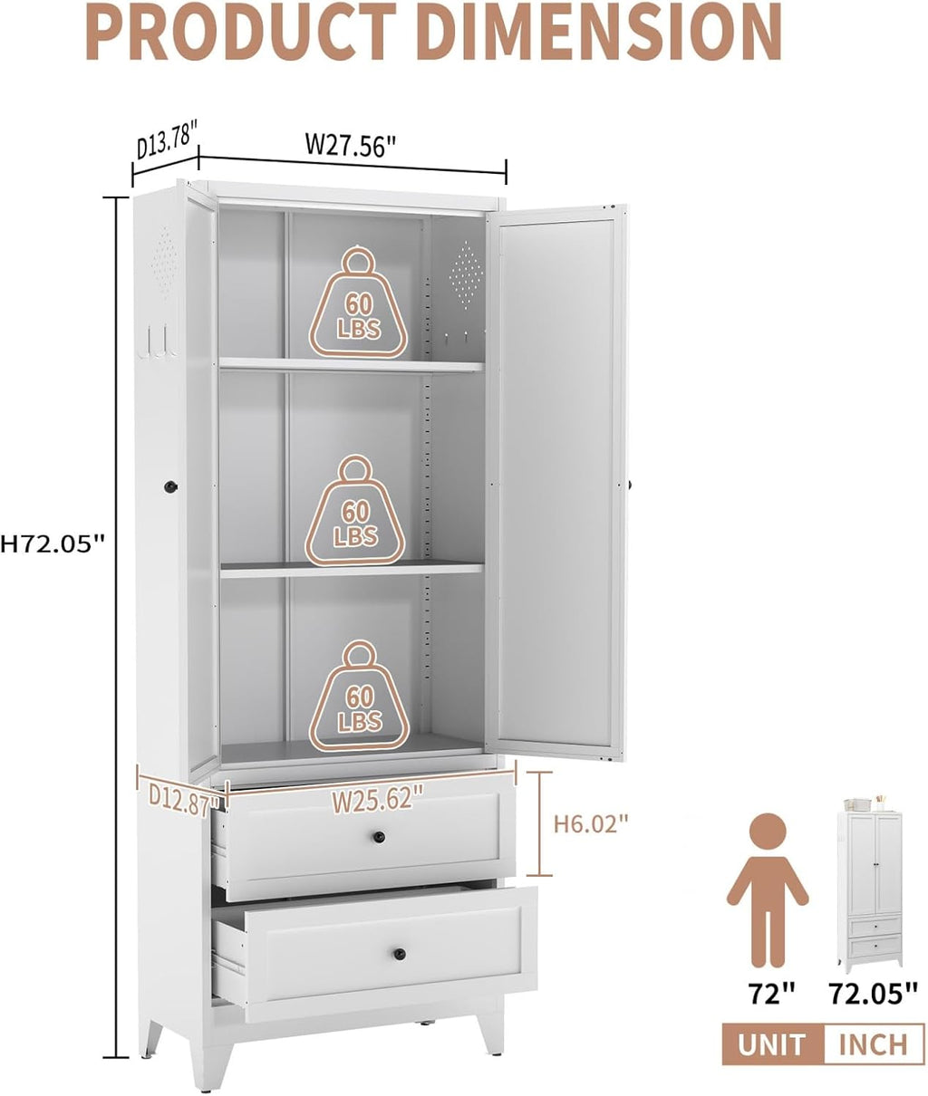 White Pantry Cabinet, Freestanding Kitchen Storage Cabinet with 2 Drawers & 2 Adjustable Shelves, Steel Cabinet with Magnetic Doors, for Small Kitchen Pantry Room, 27.6x13.8x72 Inches