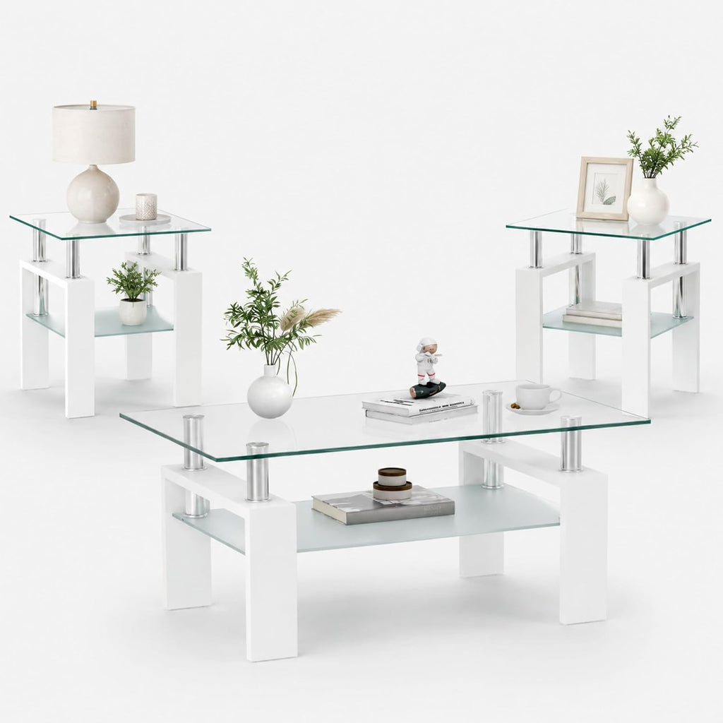 Meihua Glass Coffee Table and End Table Set of 3, Modern Living Room Table Set with Tempered Glass & Metal Frame, Double-Layer Side Tables (Clear Glass + White Leg, Set of 3)