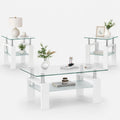 Meihua Glass Coffee Table and End Table Set of 3, Modern Living Room Table Set with Tempered Glass & Metal Frame, Double-Layer Side Tables (Clear Glass + White Leg, Set of 3)
