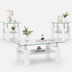 Meihua Glass Coffee Table and End Table Set of 3, Modern Living Room Table Set with Tempered Glass & Metal Frame, Double-Layer Side Tables (Clear Glass + White Leg, Set of 3)