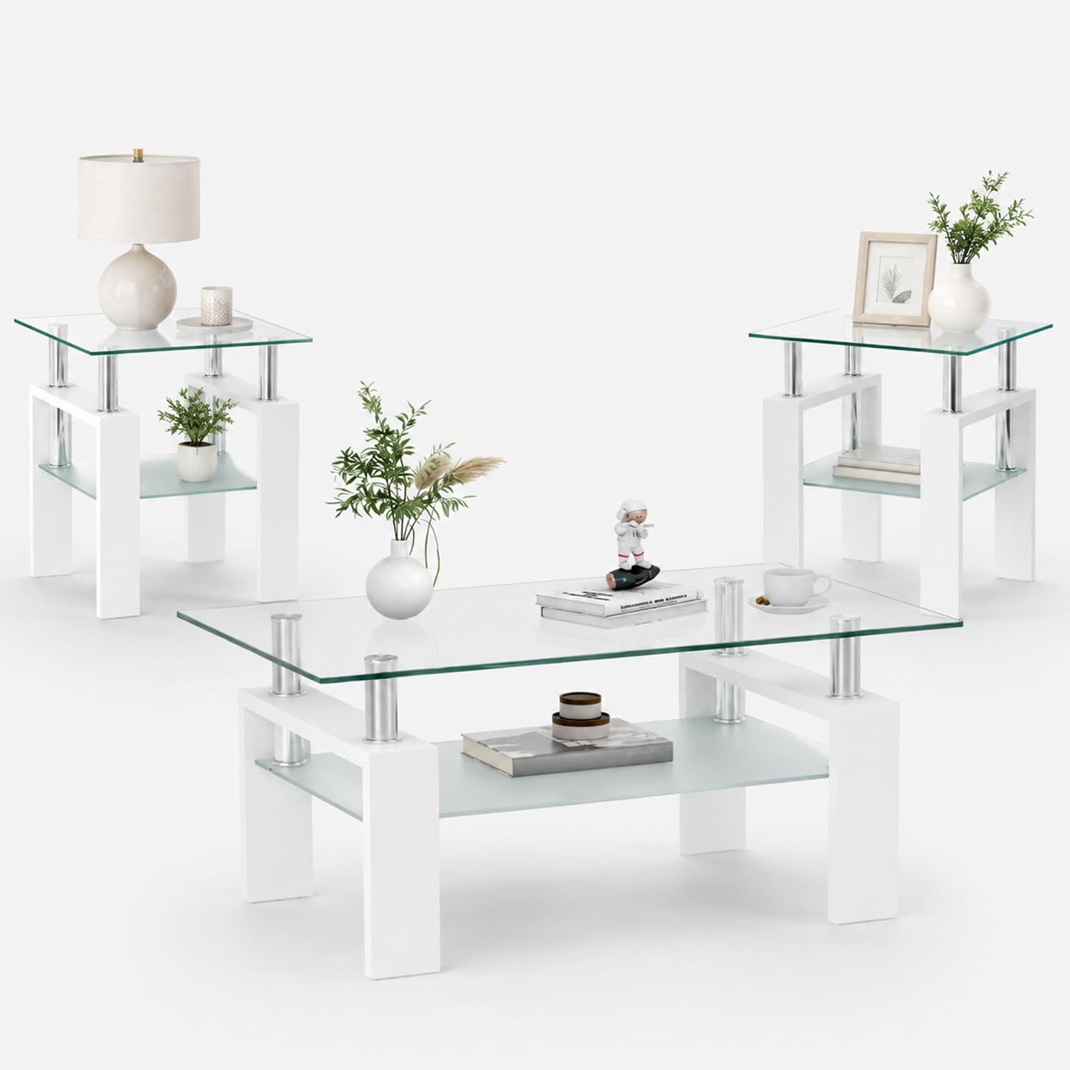 Meihua Glass Coffee Table and End Table Set of 3, Modern Living Room Table Set with Tempered Glass & Metal Frame, Double-Layer Side Tables (Clear Glass + White Leg, Set of 3)