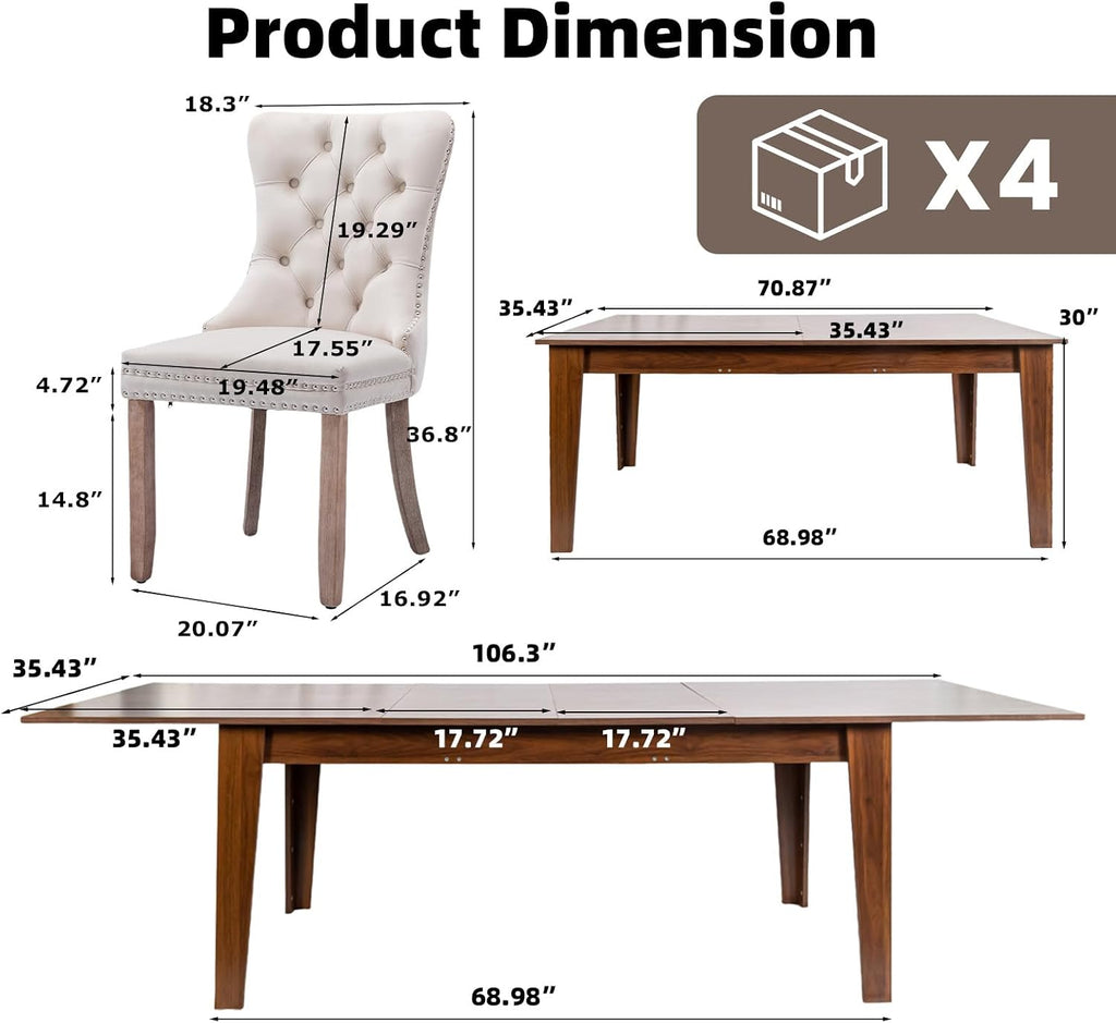 SoarFlash 5 Piece Extendable Dining Table Set for 4-8 Person, Wooden Dining Room Table with 4 Chairs for Gatherings, Meeting for Small Kitchens, Dining Office Areas(Beige/Brown)