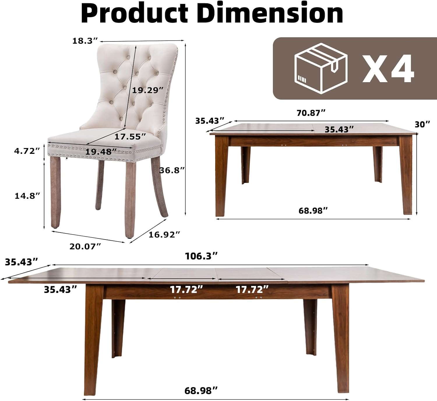 SoarFlash 5 Piece Extendable Dining Table Set for 4-8 Person, Wooden Dining Room Table with 4 Chairs for Gatherings, Meeting for Small Kitchens, Dining Office Areas(Beige/Brown)
