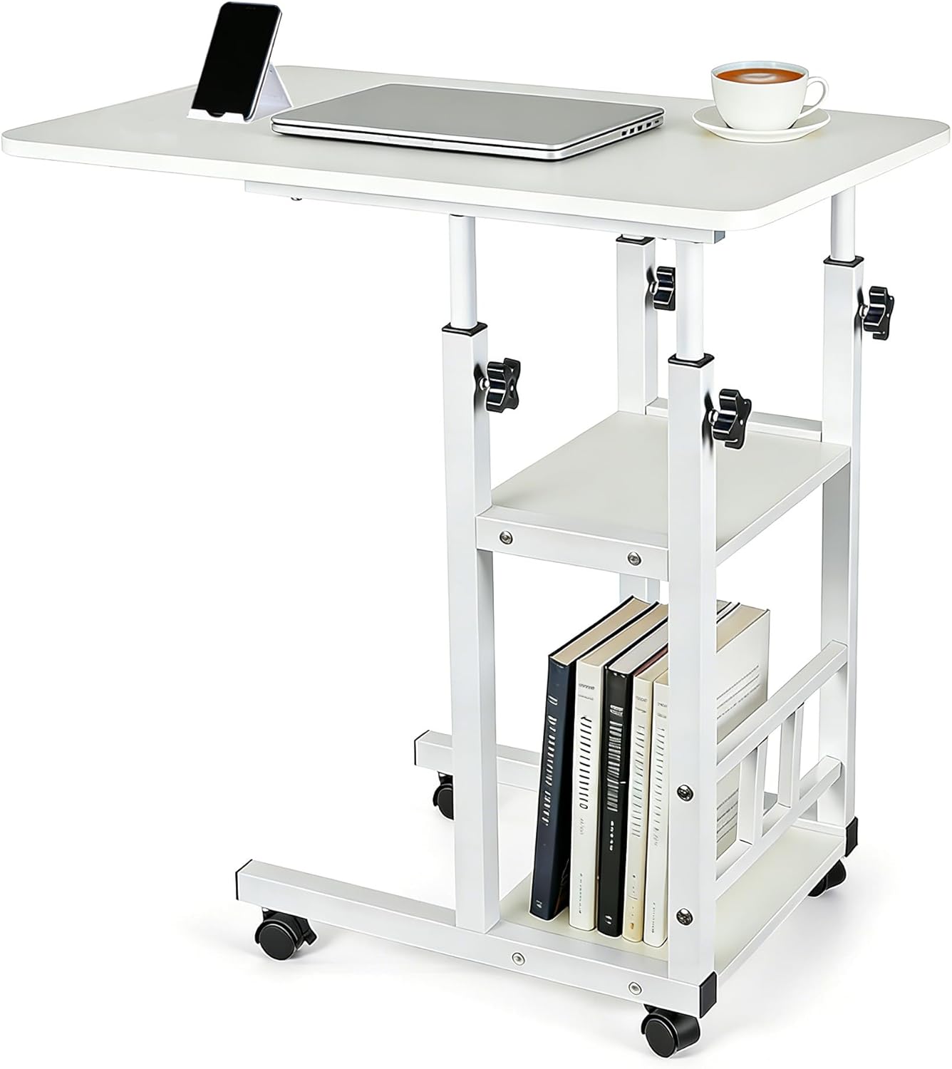 Adjustable C Table,Over Bed Table with Wheels,Rolling Side Table, Over Bed Table with Wheels, Bedside Table, for Sofa Side Small Space, Stable Multi Storage Desk (White)