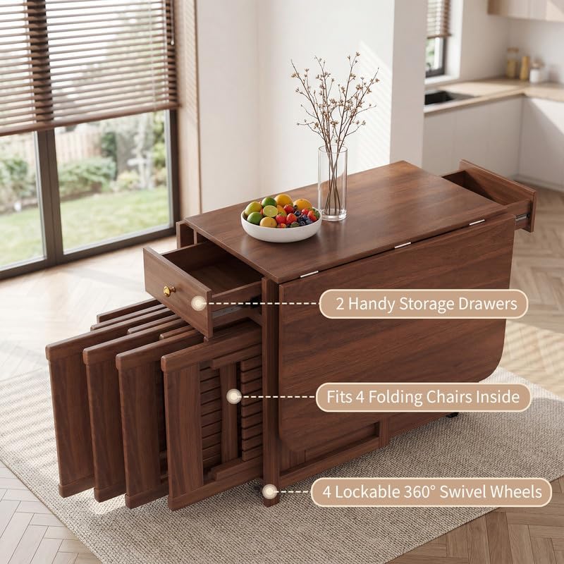Folding Dining Table - 59" Ready Assembled Space-Saving Drop Leaf Table with Storage & 4 Lockable Wheels for Dining Room, Kitchen (Walnut)
