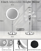 vpu Makeup Mirror with Lights, 1X/30X Lighted Magnifying Mirror Height Adjustable, 3000mAh Rechargeable Double Sided Vanity Mirrors with 3 LED Lighting and Adjustable Brightness for Desk Women Gift
