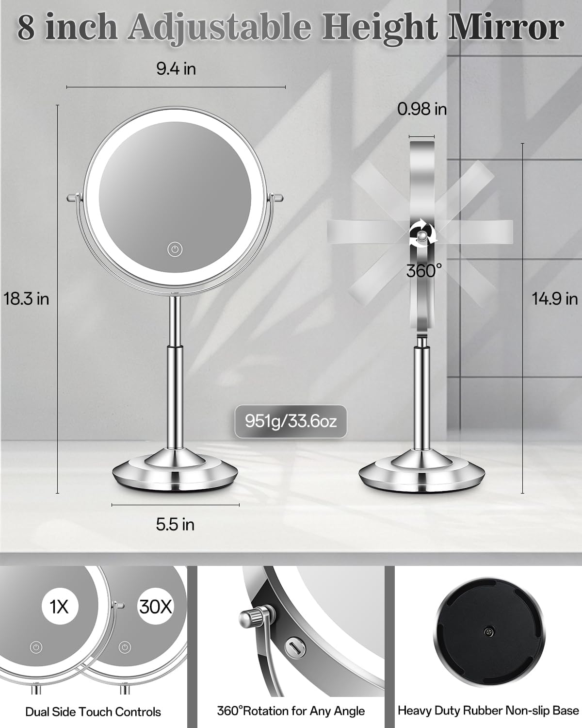 vpu Makeup Mirror with Lights, 1X/30X Lighted Magnifying Mirror Height Adjustable, 3000mAh Rechargeable Double Sided Vanity Mirrors with 3 LED Lighting and Adjustable Brightness for Desk Women Gift