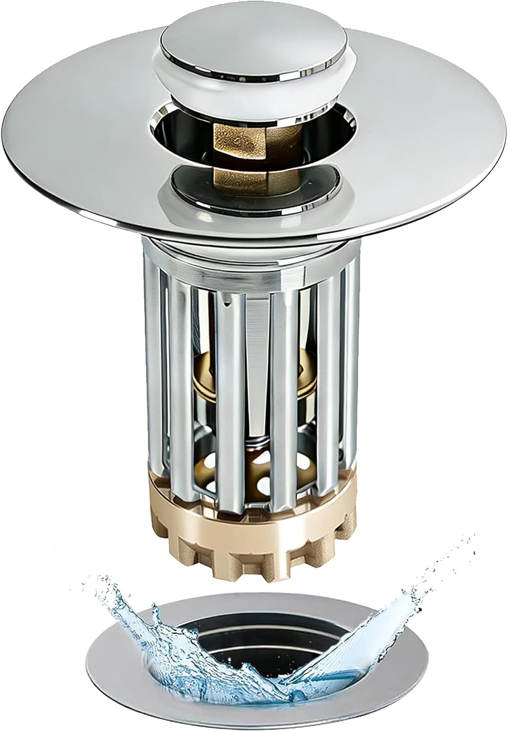 Anlige Bathroom Sink Drain Strainer, 3 in 1 Pop Up Bathroom Sink Stopper with Removable Brass Basket Hair Catcher, Universal Sink Plug for 1.06 to 1.6in Drain Hole, Chrome Silver