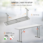 VINGLI 6 FT Narrow Folding Table,Premium Quality HDPE Material and Sturdy Metal Frame, Perfect for Buffet, Seminar, Party, Training, Home Work, White