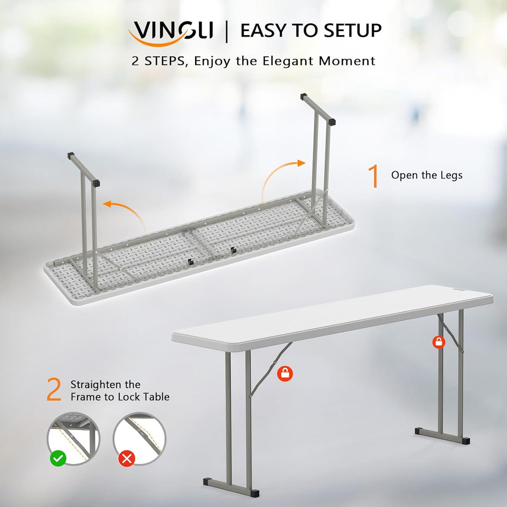 VINGLI 6 FT Narrow Folding Table,Premium Quality HDPE Material and Sturdy Metal Frame, Perfect for Buffet, Seminar, Party, Training, Home Work, White