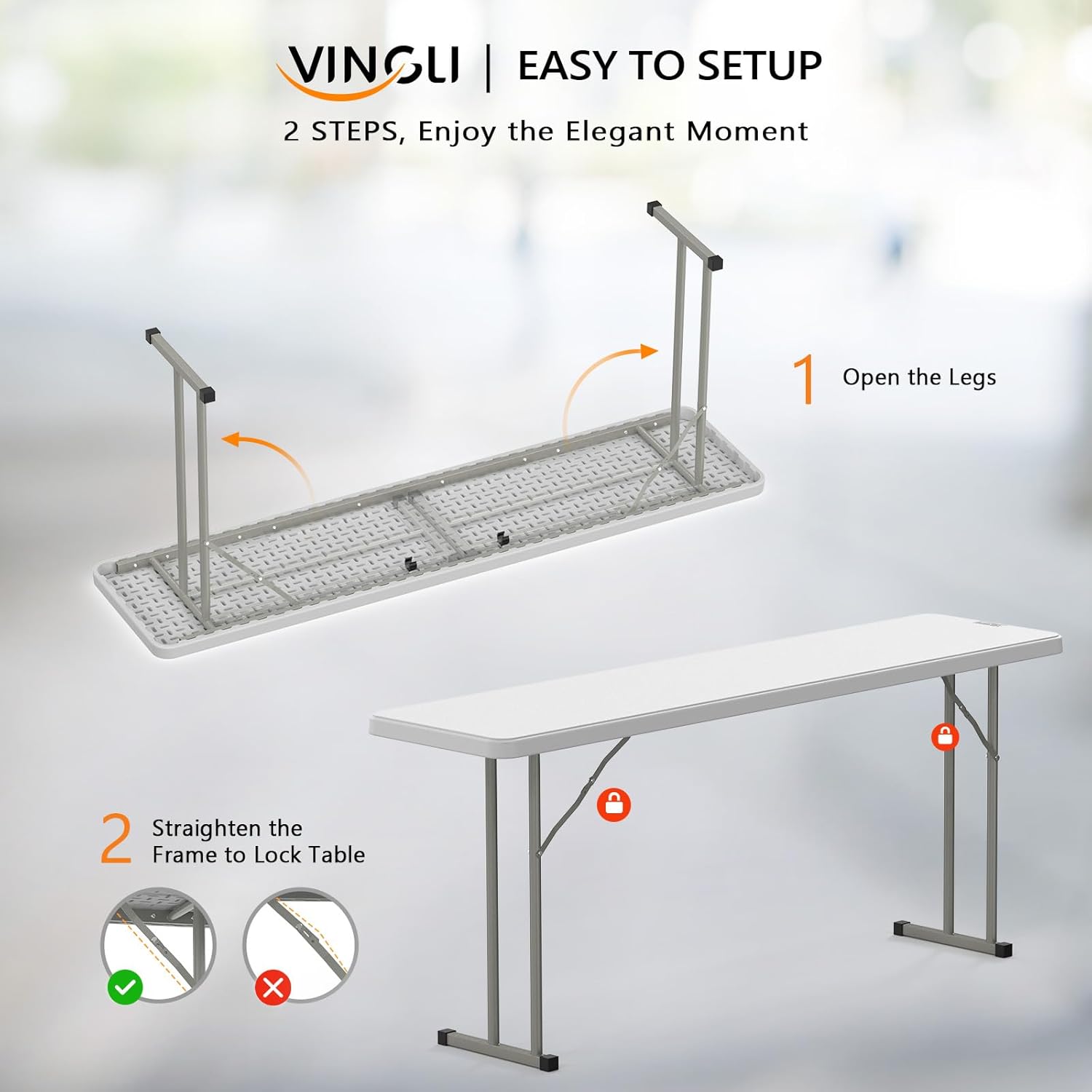 VINGLI 6 FT Narrow Folding Table,Premium Quality HDPE Material and Sturdy Metal Frame, Perfect for Buffet, Seminar, Party, Training, Home Work, White