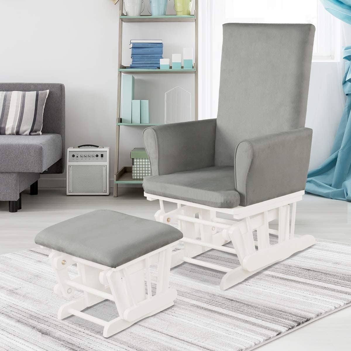 LDAILY LUARANE Hoop Glider and Ottoman Cushion Set, Wooden Rocking Nursery Chair with Cushioned Armrests Detachable Cover, Upholstered Glider with Nursing Ottoman for Napping Nursing Reading (Grey)