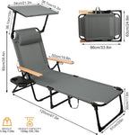Foldable Chaise Lounge Chair Outdoor, 4-Position Reclining Outdoor Lounge Chairs with Wooden Armrest, Folding Sun Lounger with Removable Pillow for Garden Beach Patio Camp (Gray with Canopy)