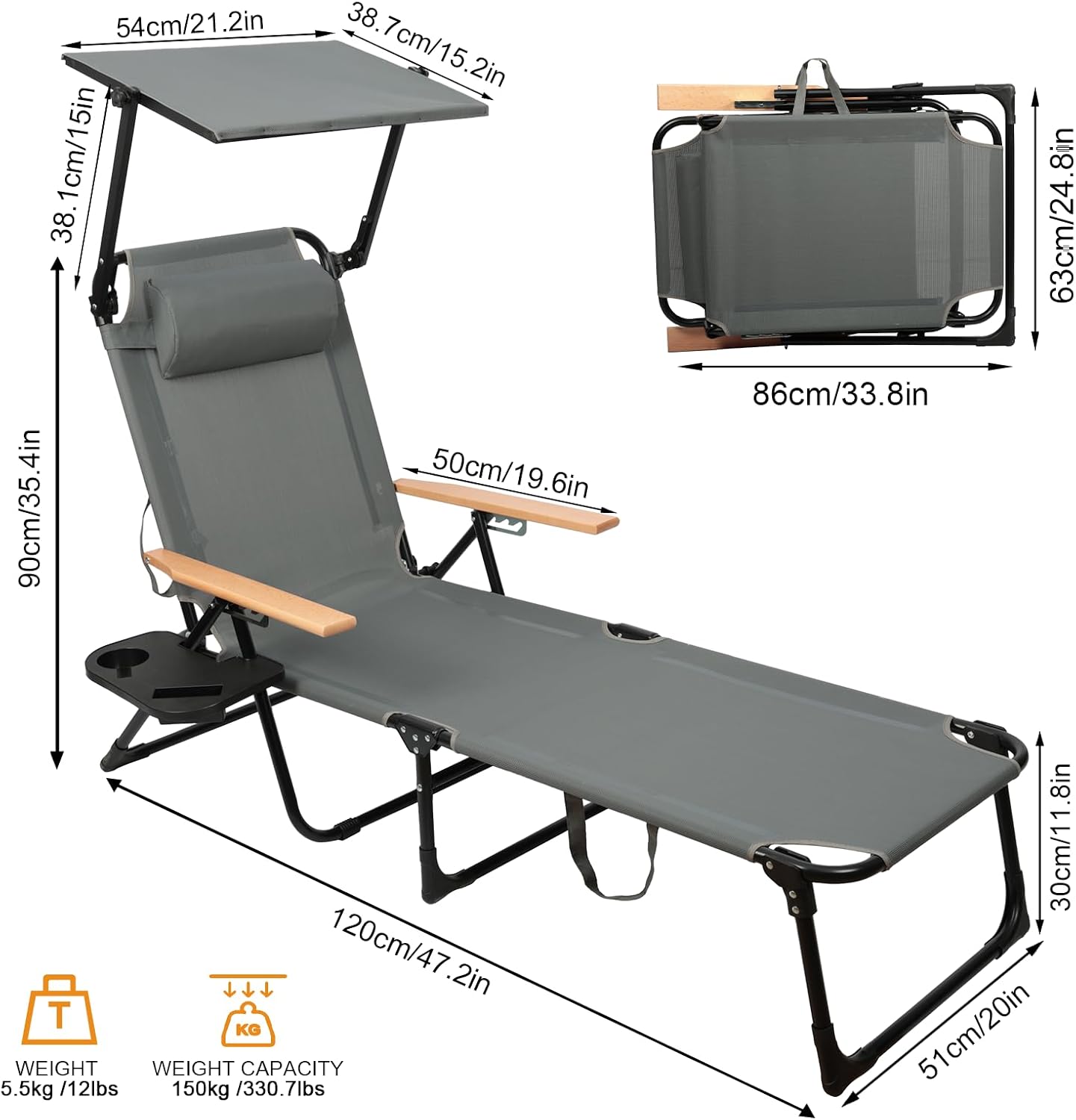 Foldable Chaise Lounge Chair Outdoor, 4-Position Reclining Outdoor Lounge Chairs with Wooden Armrest, Folding Sun Lounger with Removable Pillow for Garden Beach Patio Camp (Gray with Canopy)