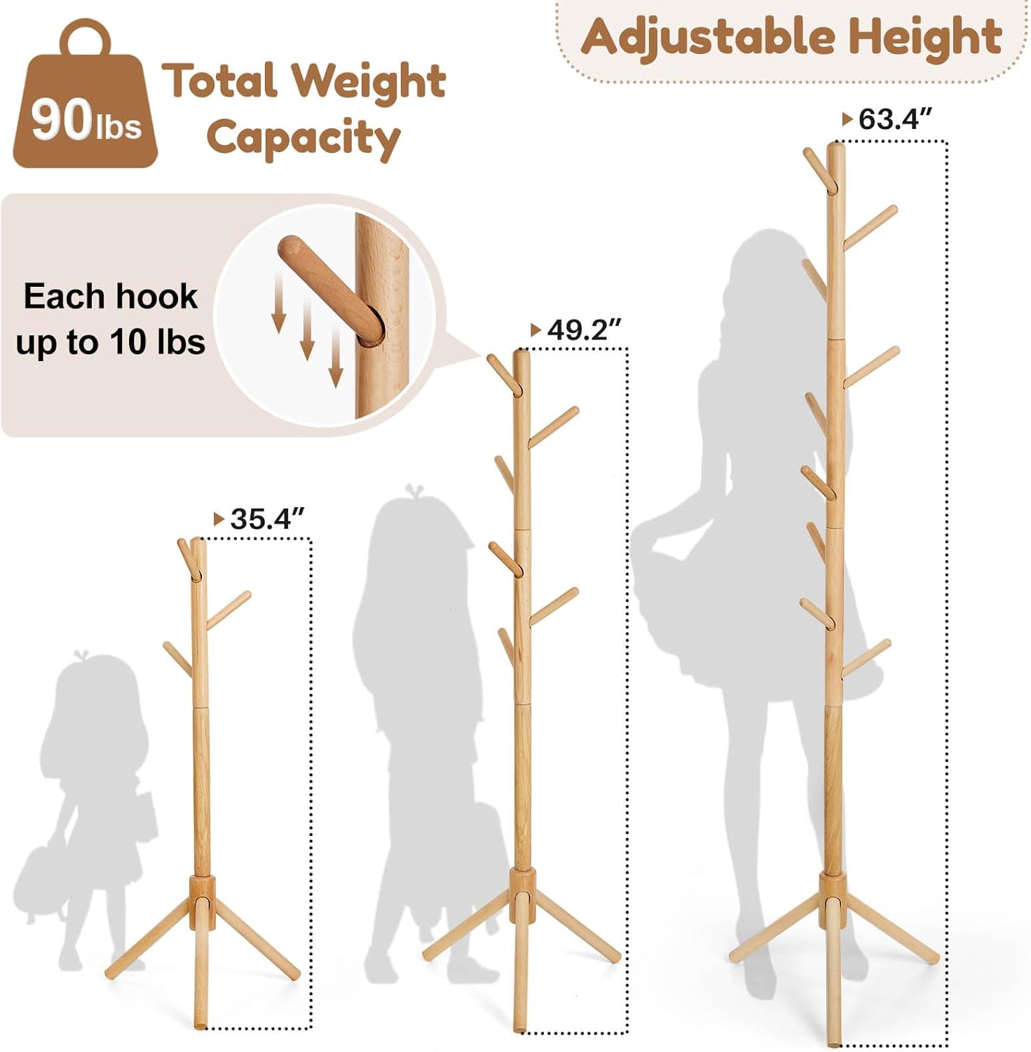 Cozivolife Kid's Coat Rack Stand Beech Wood Clothes Tree, Height Adjustable Freestanding Child Jacket Holder with 9 Hooks, Hanging Hats and Handbags, Hallway, Entryway,Bedroom, Easy Assembly (Natural)