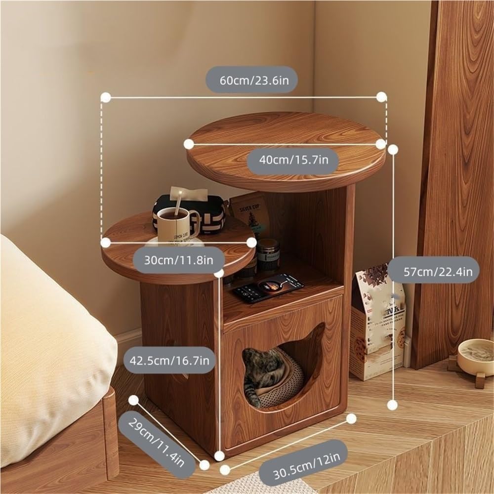 Round End Table with Cat Nest Nightstand Side Table with Storage Bedside Tables Accent Tables for Living Room Long-Lasting(Natural)