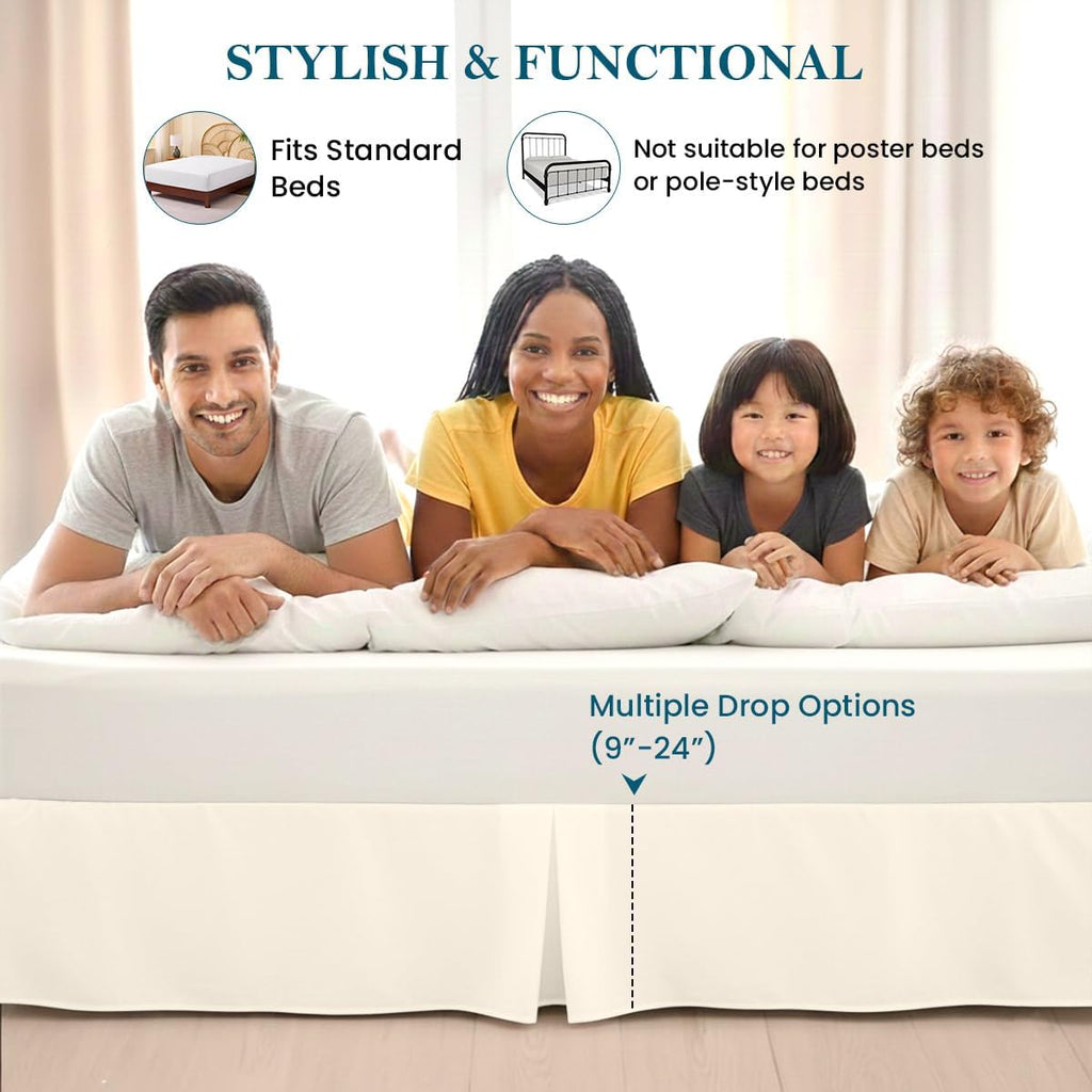 19 Inch Bed Skirt Dust Ruffle Queen Size - Single Fabric Construction Box Pleated, 600 Thread Count Luxury Bed Skirt Ivory Solid