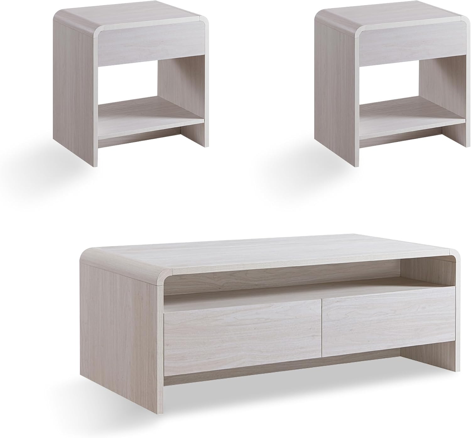 AMERLIFE 3-Piece Living Room Table Set, Includes Coffee Table & 2 End Tables, Modern Coffee Table Sets with Large Storage Drawers & Smooth Rounded Edges, White
