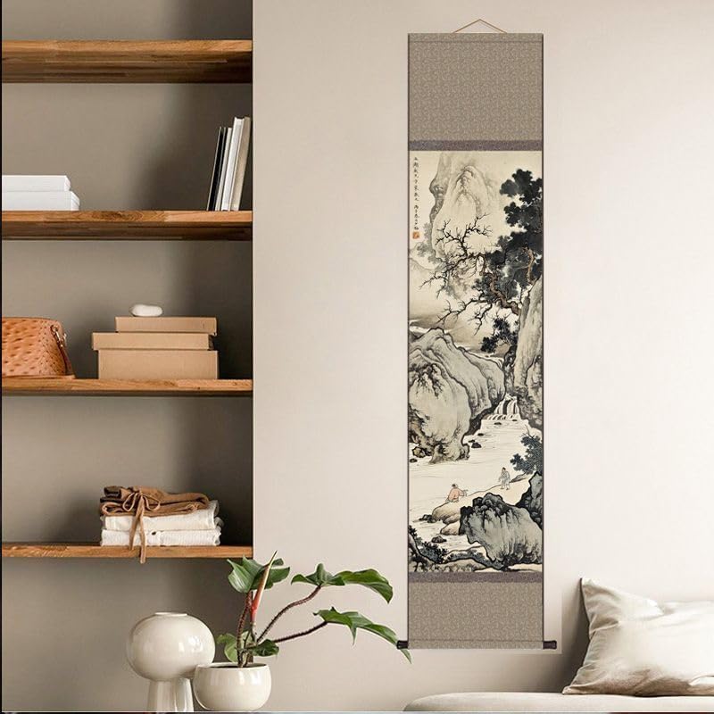 JSJTAMUS Chinese Landscape Painting Decor, Ink Painting Wall Art, Wall Hanging Scroll with Wood Frame, Oriental Wall Art, Asian Art Wall Decor, Zen Home Decor Aesthetic (F06)