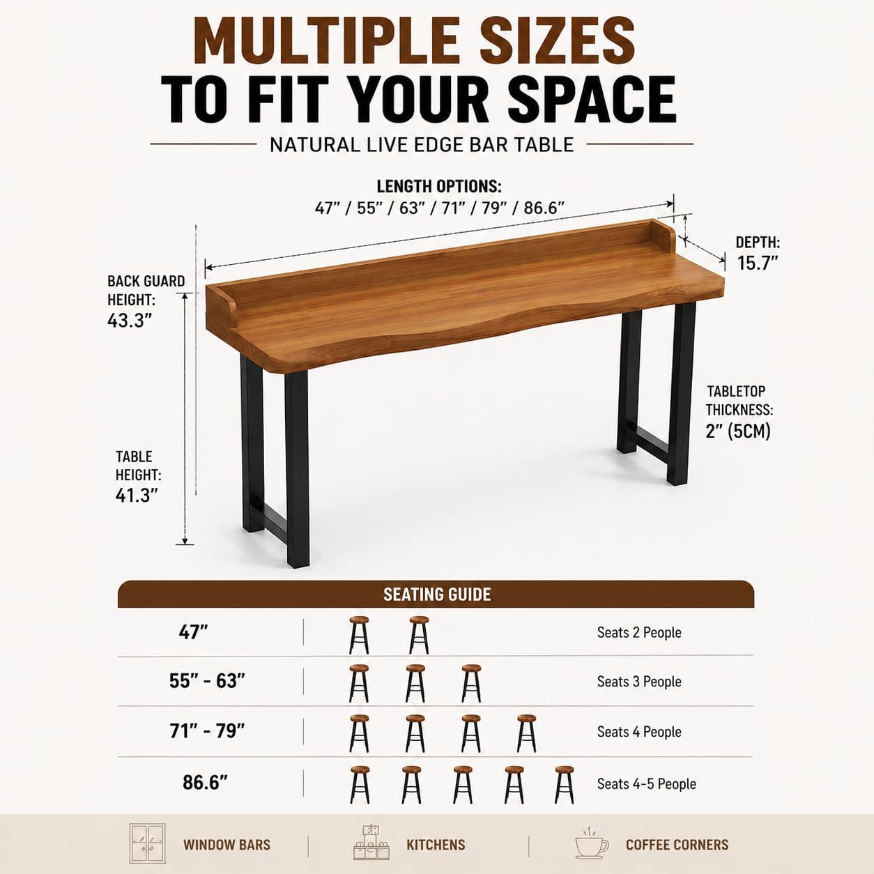 Live Edge Bar Table with Guardrail, 2" Thick Solid Wood Long Narrow High Top Table, Industrial Counter Height Pub Table, Breakfast Tables with Metal Frame for Kitchen, Window, Coffee Bar