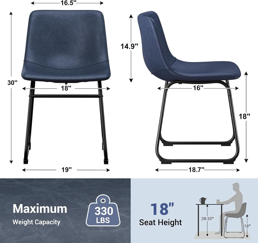 Dining Chairs Set of 2, 18 Inch Faux Leather Kitchen Chairs with Back, Modern Armless Dining Room Chair with Metal Legs for Home Bistro Coffee Shops (Blue)