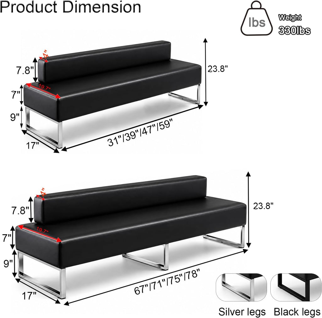 Modern Waiting Room Bench with Backrest Upholstered Office Guest Chair Metal Frame Reception Seating for Lobby Salon Airport Bank and Conference Room Black Frame 17" Dx47 Wx17 H