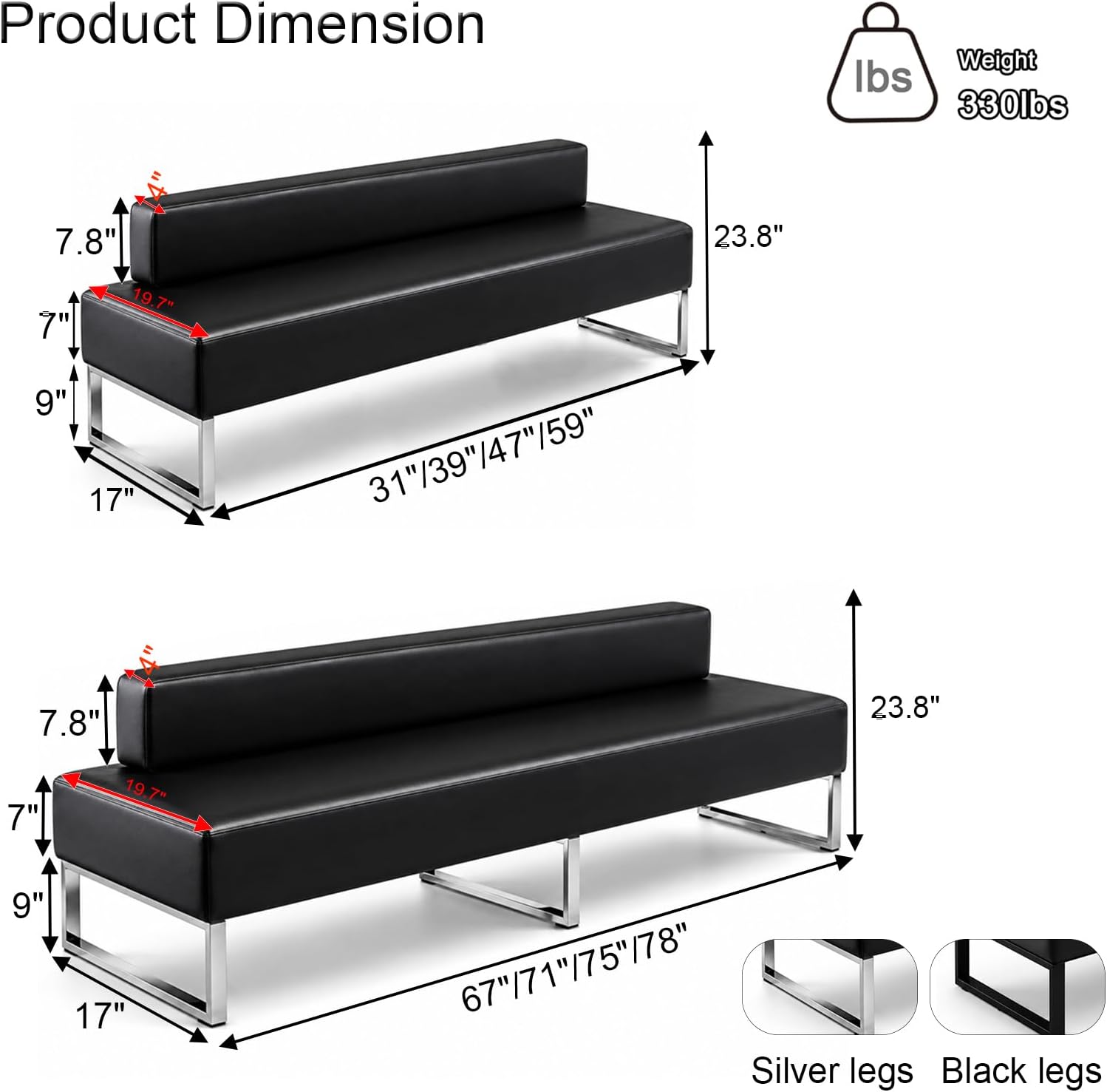 Modern Waiting Room Bench with Backrest Upholstered Office Guest Chair Metal Frame Reception Seating for Lobby Salon Airport Bank and Conference Room Black Frame 17" Dx47 Wx17 H