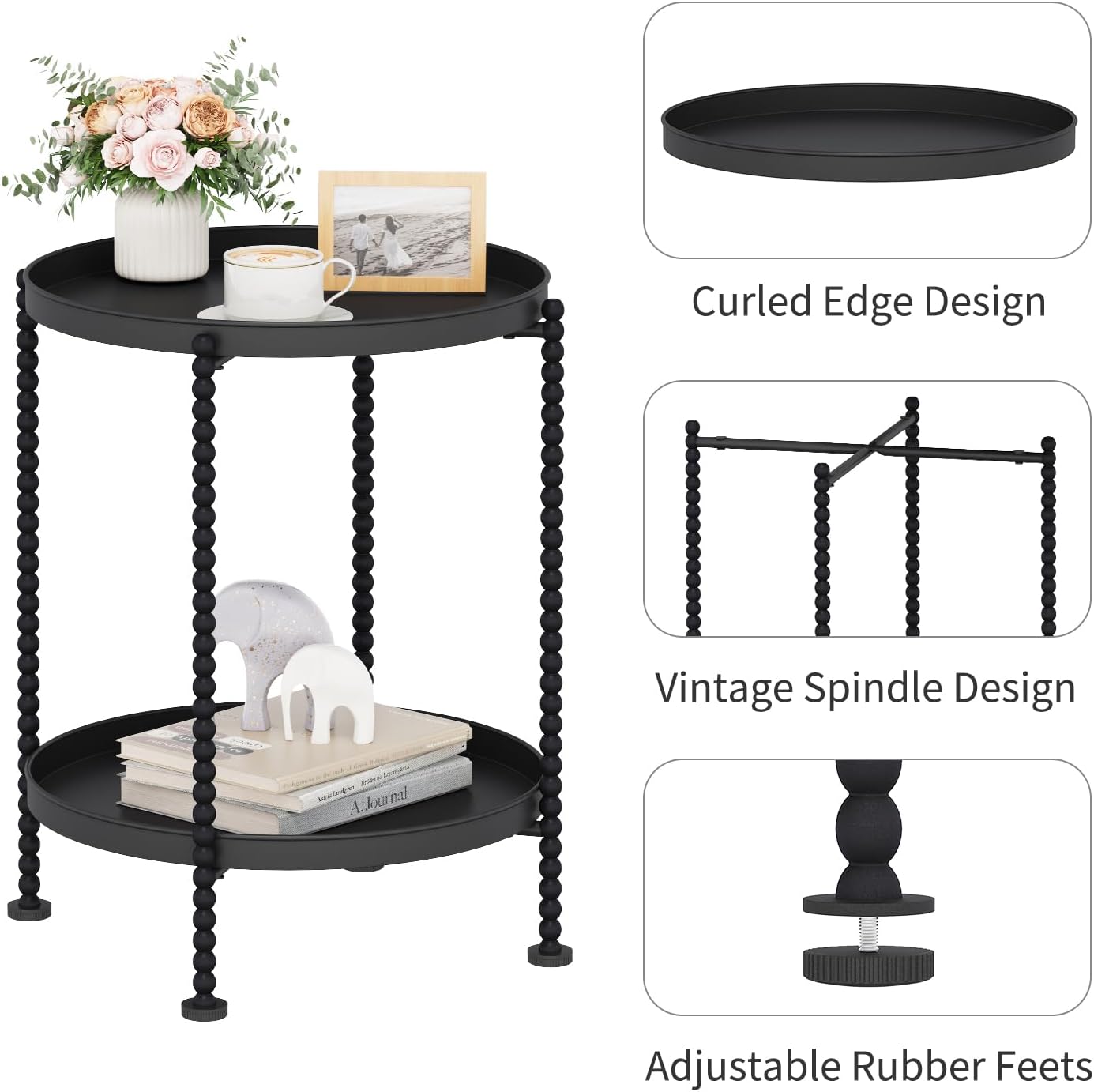 YINMIT 2 Tier End Table,Outdoor Metal Round Side Table,Waterproof Sofa Coffee Side Tables,Bedside Nightstand for Living Room, Bedroom, Office, Balcony