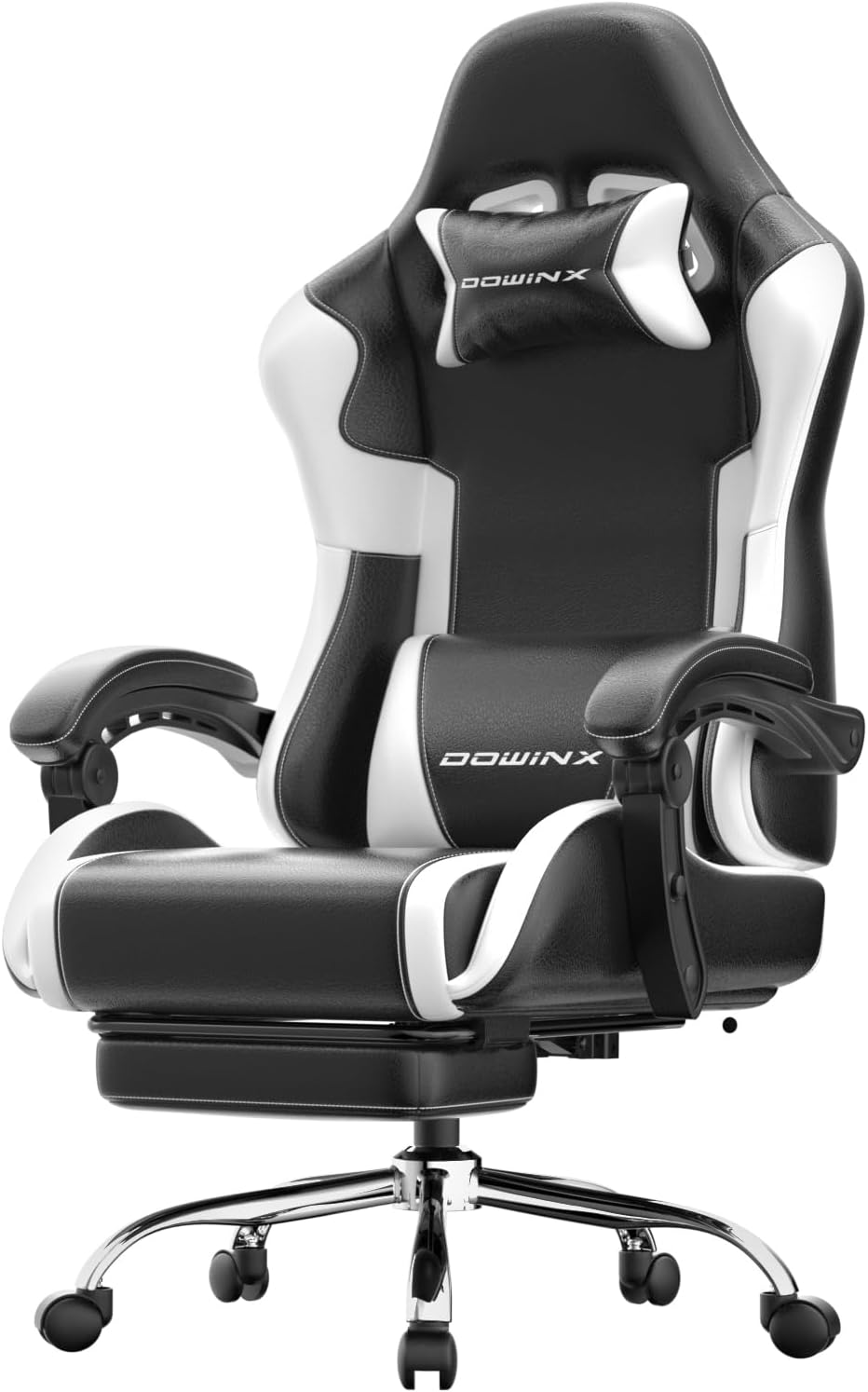 Dowinx Gaming Chair with Footrest, 330lbs Computer Chair 2D Lift Linkage Armrest, Massage Lumbar, Height Adjustable Ergonomic Comfy Video Game Chairs for Home Office Streaming, Long Gaming, White