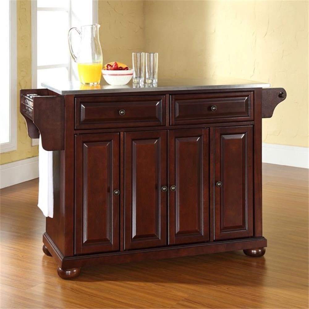 BOWERY HILL Wood Kitchen Island with Stainless Steel Top in Mahogany