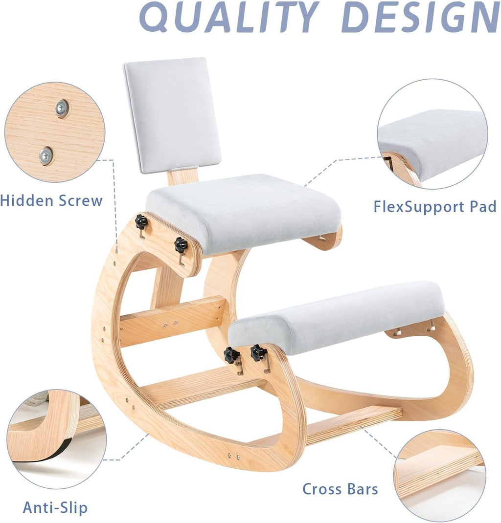 VDNEND Ergonomic Kneeling Chair with Back Support,Wooden Kneeling Chair Desk for Work, Rocking Office Kneel Chairs for Relieve Back Pain, Kneeling Posture Chairs for Gaming,Home (Light Gray)