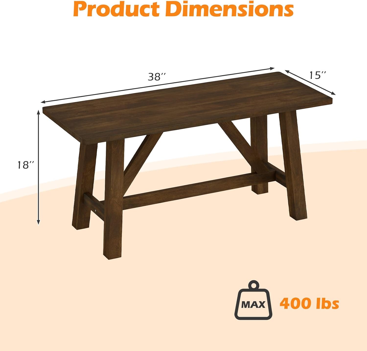 Giantex 38" Wooden Dining Bench, Farmhouse Entryway Bench with Rubber Wood Frame, 400 LBS Capacity, Shoe Rack Benchs, Narrow End of Bed Seat for Kitchen, Living Room, Bedroom, Hallway, Brown (1)